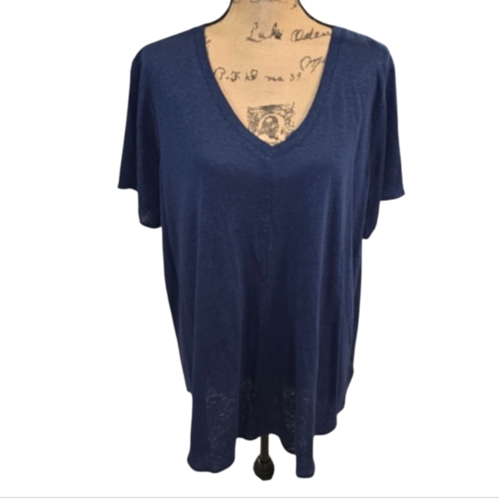 Tahari 100% Linen Navy Blue V-Neck Women's Top Plus Size 2X New